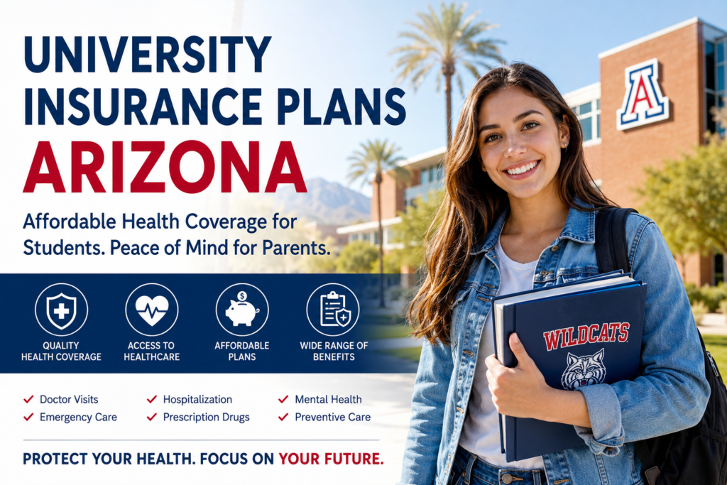 College student holding books on an Arizona university campus promoting affordable student health insurance plans, medical coverage, healthcare benefits, and university insurance options in Arizona.